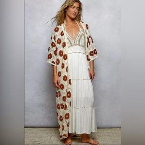 NWT POL Open Front Floral Crochet Longline Cardigan-OS